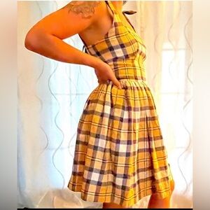 Stylish Plaid Dress in Yellow and Blue